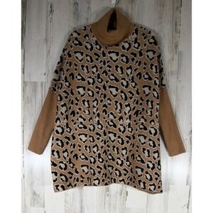 Chicos Pullover Turtleneck Sweater S/M Oversized Camel Leopard Metallic